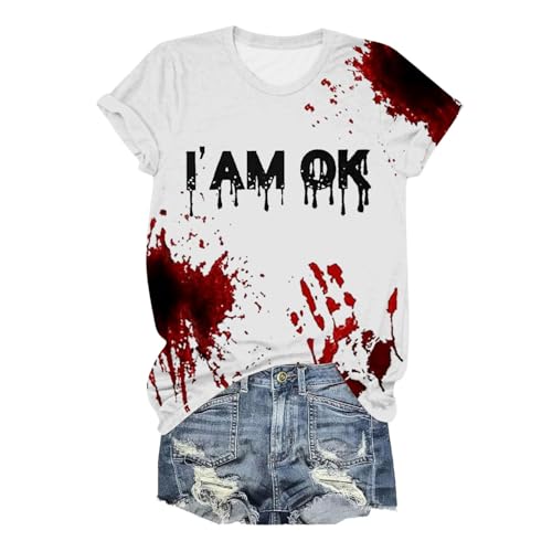 Eauptffy T Shirt Damen I'm Fine, Damen Kurzärmeliges T-Shirt, T Shirts Horror Blutspritzer Sommershirt Kurze Ärmel Rundhals Top mit Blut Sommerblusebeiläufig Komfort Blutspritzer Kostüm Halloween