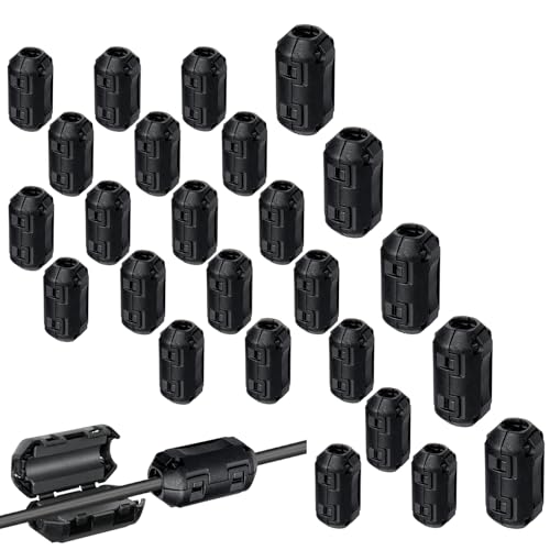 VEPEPE 25 Stück Ferritkerne für Kabel, Klappferrit Clip Mantelstromfilter gegen RFI EMI Störungen, Ferritkern für USB Audio Video Kabel, 3.5mm x10, 5mm x10, 7mm x5, Schwarz