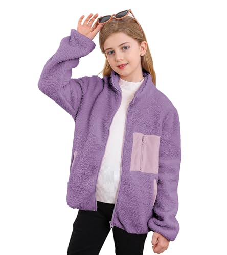 ALISISTER Mädchen Sherpa-Fleece-Jacken Herbst Winter Flauschige Lila Mäntel mit Reißverschluss und Taschen Gemütliche Oberbekleidung 7-8 Jahre