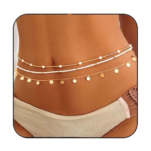 Reaky Boho geschichtete Pailletten Taille Bauch Ketten Gold Perlen Taillenkette 3 Stück Perlen Körperketten für Frauen, Einheitsgröße, Kunststoff, /