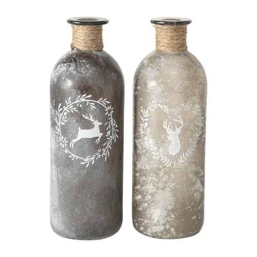 ReWu Vase Glasvase 2er-Set - Hirsch Motiv - Gefrostet Dekovase Dekoration Wohndekoration Dekorativ Glas Landhausstil Dekoflaschen Tischvasen Flaschenvase mit Sisalband 7 x 21 cm