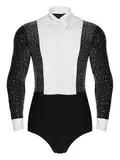 RUNQHUI Herren Langarm Tanz Hemd Body Latein Tanzbody Stringbody Einteiler Eiskunstlauf Dancewear mit Fliege Gr. M-XXL Schwarz M