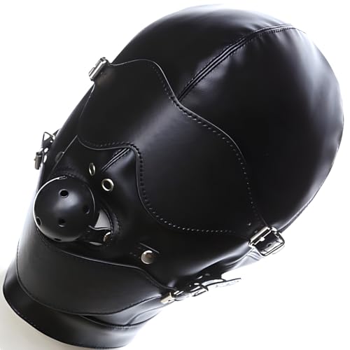 Bdsm Maske Schwarz verstellbar Full Face mit Mundknebel Ø4,5 cm und Augenbinde Kopfmaske Leder für Paare Männer Frauen Atmungsaktiv verstellbar hinten Fetisch Bondage Fetish Ballknebel FOPS B23-7