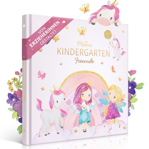 EULENTALER® Freundebuch Kindergarten Mädchen I Von Erzieherinnen gestaltet I Handgemalte Einhörner, Feen und Prinzessinnen I Kinderfreundliche Gestaltung I Mit Goldprägung I Freundschaftsbuch Einhorn