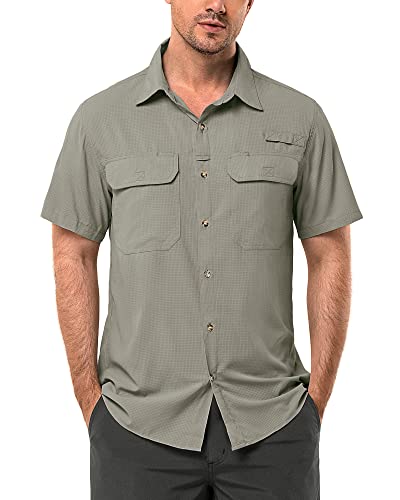 33,000ft Hemd Herren Kurzarm UPF50+ UV Schutz Outdoorhemd Schnelltrocknend Freizeithemd Funktionshemd Wanderhemd für Angeln Safari Reisen Golf Graugrün XXL
