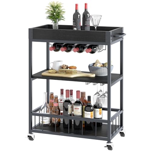 Huhote Servierwagen, Küchenwagen, Barwagen mit Rollen, Weinwagen mit Flaschenhalter, 3 Etagen, Getränkewagen für Wohnzimmer, Esszimmer, Küche, Bar, Party, Schwarz Holzmaserung