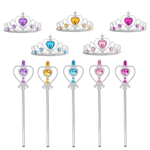 JZK 5X Prinzessinnen-Tiara und Zauberstab-Set für Mädchen, Prinzessinnen-Kostümzubehör für Pyjama-Party, Königin-Krone, Kinder-Prinzessin-Schmuckspielzeug, Mädchen-Geburtstagsparty-Geschenk