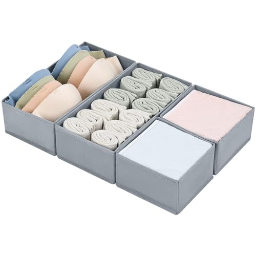 DIMJ 4 Stück Schubladen Ordnungssystem Schubladen Organizer, Faltbare Aufbewahrungsbox Stoff, Schubladeneinsätze für Kleiderschränke, Kleiderschrank Organizer für Kleidung, Hellgrau