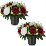 Memobloom Künstliche Blumen im Topf für Grabschmuck: 2 Stücke Rote Kunstblumen Künstlich Rosen Grabgestecke mit Vase für Grab Friedhof Deko Grabgesteck Blumenstrauß mit Grabvase für Grabstein Grabdeko