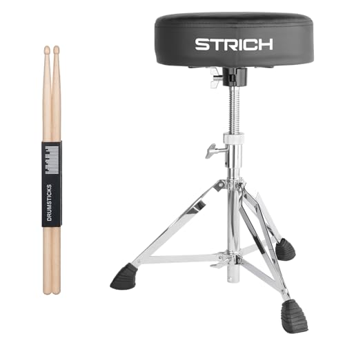 STRICH Drumhocker, höhenverstellbarer gepolsterter Schlagzeughocker, robuster drehbarer Gitarrenhocker mit 5A Drumsticks, SDB-20