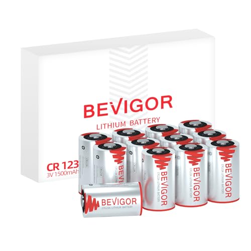 Bevigor CR123A Lithium Batterie 12 Stück, 1500mAh 3V Li-Ion, Nicht wiederaufladbarer Hochleistungs-Li-Ion-Batterie für Haussicherheit und drahtlose Sicherheitssysteme