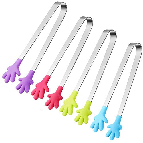 HAKACC 4 Stück Mini Zuckerzangen aus Edelstahl mit Silikongriffen, Kinderfreundliche Servierzange für Candy Bar, Buffet, Fingerfood, Party & Grill, 13 cm