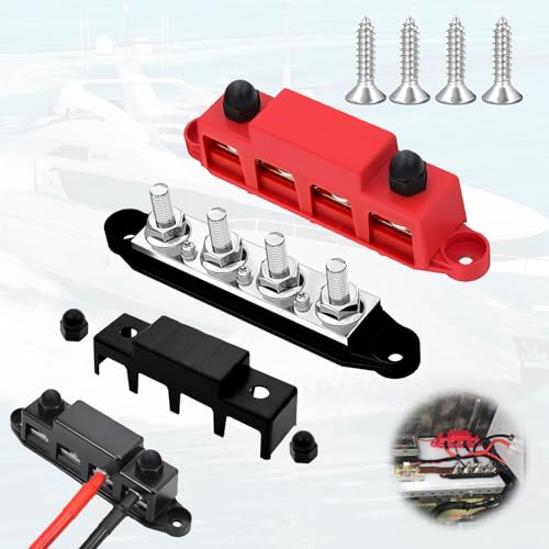 Fosoloni 2 Stück 12V-48V DC Sammelschienen Verteilerblock 250A BusBar mit 4 x M8 Klemmenbolzen, Hochleistungsmodul für Auto RV Boat Yacht(Rot Schwarz), Sammelschiene 12v, mit Abdeckung