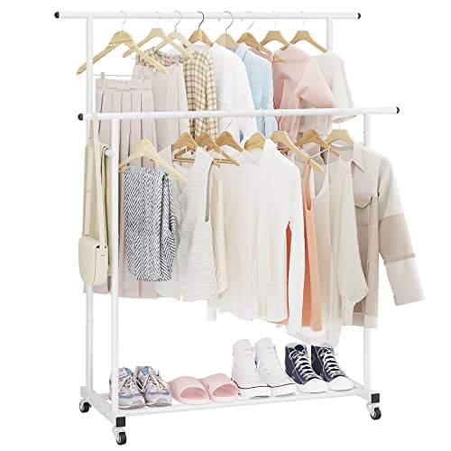 Calmootey Kleiderständer mit Doppelstange, rollbarer Kleiderständer, tragbarer Kleider-Organizer für Schlafzimmer, Wohnzimmer, Bekleidungsgeschäft, Weiß
