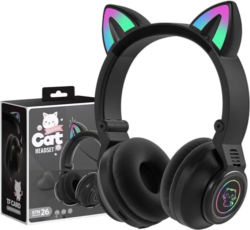 hisonic Kinderkopfhörer Bluetooth, Katzenohr Kopfhörer mit Bunte Lichter, Mikrofon und SD-Kartensteckplatz für Mädchen und Jungen ab 3 Jahre. (Katzenohr Schwarz)