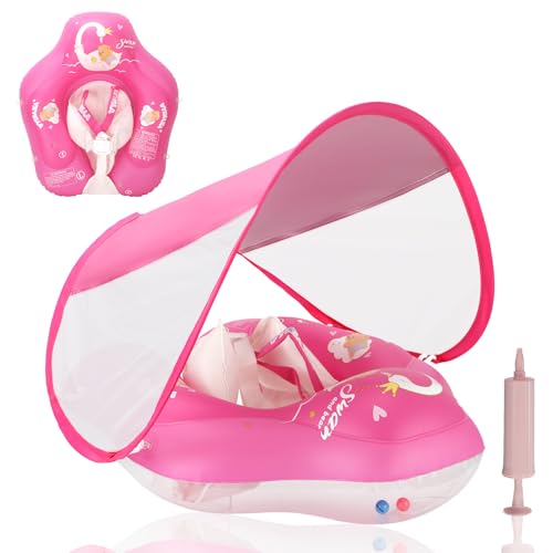 LOOWARTS Aufblasbarer Baby Schwimmring ab 3-12 Monate, Swimming Float mit Baldachin und Sicherheitssitz, Baby Schwimmtrainer Schwimmhilfe Floating Ring, mit UPF50+ UV-Schutz