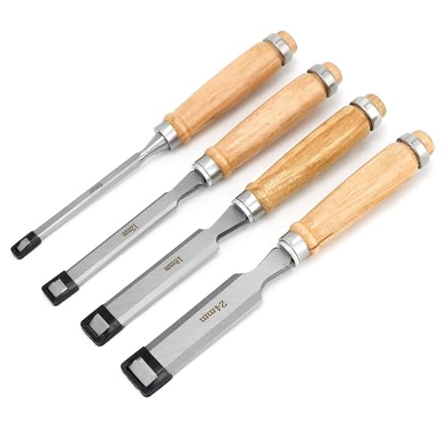 QWOR 4tlg. Stechbeitel Set für Holz - Scharfes Stecheisen Set 6, 12, 19, 24mm - mit Ergonomischem Griff und Schlagkappe