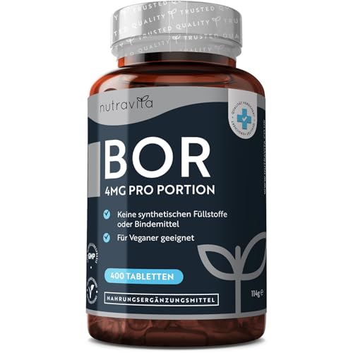 Boron - 4mg Reines Bor je Tablette - 400 Tabletten - 13 Monate Vorrat - Laborgeprüft - Ohne unerwünschte Zusätze - Hochdosiert - Veganfreundlich - Hergestellt von Nutravita