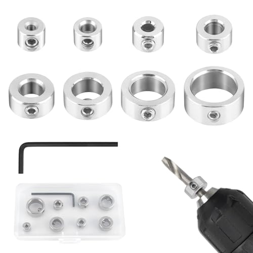 8 Stück Tiefenanschlagringe Set, Tiefenanschlag für Bohrer mit Sechskantschlüssel, 3/4/5/6/8/10/12/16mm Tiefenstopp für Bohrer, Bohrtiefenbegrenzer für Bohrer Holzbearbeitung