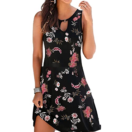 Damen A Linie Sommerkleid Rundkragen ÄRmellos Cut Out Freizeit Minikleid Schwingen Casual Strandkleid Blumen (S,Schwarz)