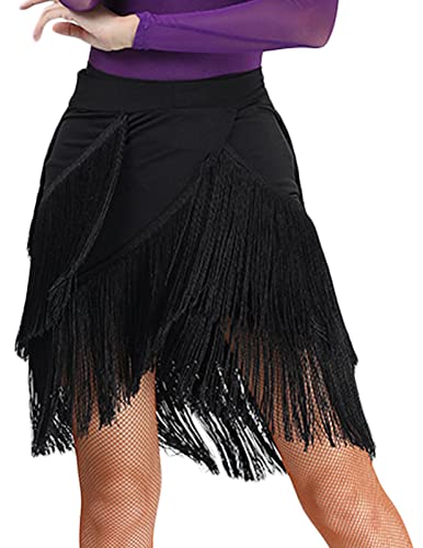 FEOYA Damen Tanzröcke Ballsaal Latein Tanzkleid Quastenrock Hawaiian Hula Gras Kostüm Mini Rave Fransenrock für Latin Tango Salsa Cha Cha Flamenco Moderner Walzer Schwarz Einheitsgröße