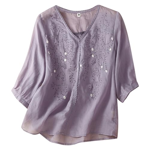 Sommer-Tops für Damen 2025, Urlaub, 3/4-Ärmel, Baumwolle, Leinen, Blusen, T-Shirt, Retro, chinesisch, bestickt, Tunika, Tops, Violett, Mittel