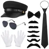 Vifcotlyp 6 Stück Chauffeur Kostüm Zubehör, 1980er Gangster Kostüm Zubehör Chauffeur Mütze Sonnenbrille Fliege Handschuhe Krawatte Bärte Hochzeitsfahrer Outfit für Karneval Fasching Mottoparty