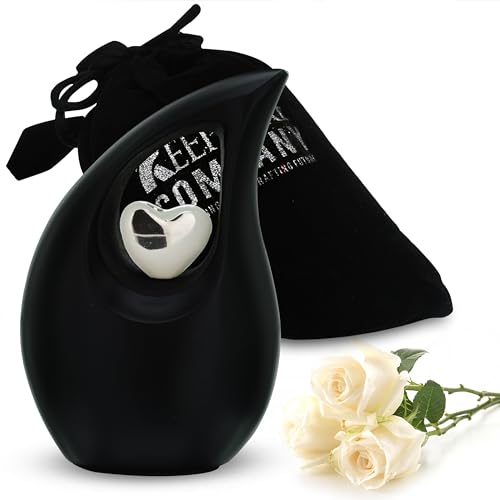 KEEPSAKE COMPANY Schwarze, Matte, tropfenförmige kleine Mini-Urnen für menschliche Asche mit silbernem Herz (7,6 cm Höhe) – Urne – Bestattungsurne – kleine Haustierurne – ERN – Weiß
