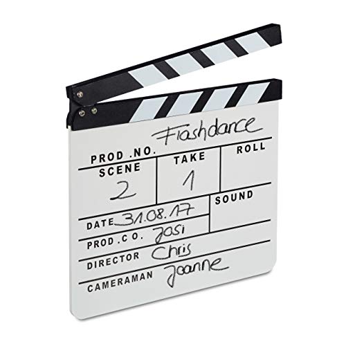 Relaxdays 10021347 Filmklappe Holz, Regieklappe, Clapperboard, Szenenklappe, zum Beschriften, Hollywood Deko, HB 26 x 30 cm, weiß