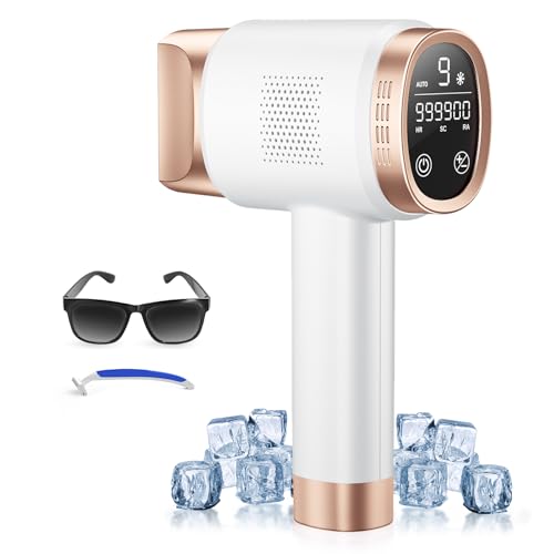 21J IPL Geräte Haarentfernung mit Eiskühlungssystem, Laser Haärentfernung mit 3 Funktionen, 9 Energiestufen, Häarentfernung Laser für Frauen Männer Gesicht Arme Bikinizone Körper Beine, Weißgold