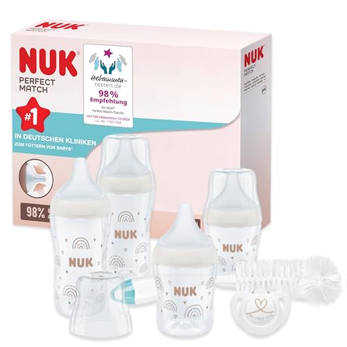 NUK Perfect Match Perfect Start Babyflaschenset | Ab 0 Monate | Passt sich dem Baby an | 4 Anti-Colic-Babyflaschen, Schnuller, Flaschenbürste und mehr | BPA-frei | 7 Stück