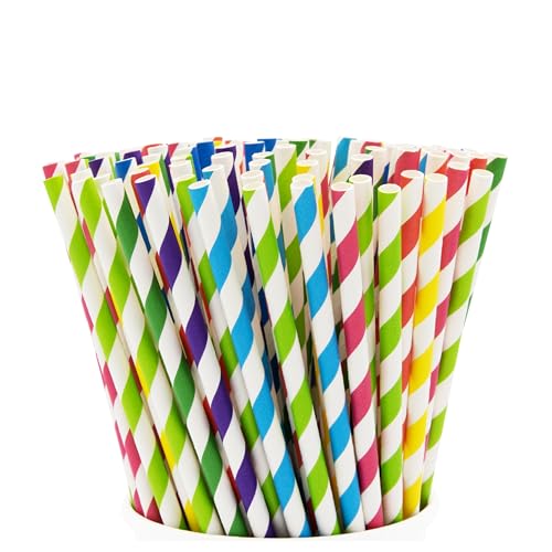 GUSTO [200 Pack] Striped Paper Drinking Straws 100% Biodegradable - Assorted Colors - Formerly Comfy Package