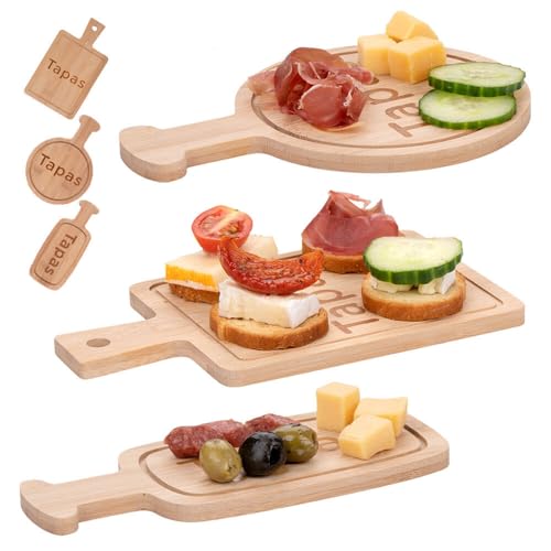 Murago - 3er Set Tapas Servierbrettchen aus Bambus - Snack Servier Schale Teller Platte kleine Brettchen Snackteller Schalen Schälchen Holz Snackbrett Serviertablett Deko Snackplatte