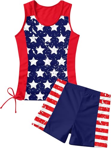 RAISEVERN Mädchen-Badeanzug, zweiteilig, Tankini, niedlicher Sommer-Badeanzug, Boyshort Strand, bescheidene Bademode für 7–12 Jahre, 01-Rot / Blau, 8-9 Jahre