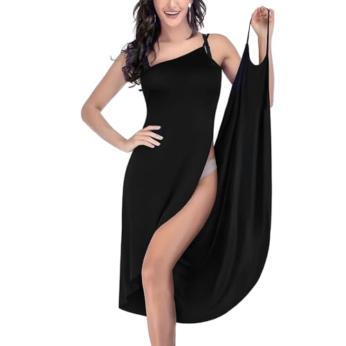 Aomig Strandkleider Damen Sommer Bikini Badeanzüge Cover Up Ärmellos Wickelrock Lang Kleid Strandbadekleid Spaghettiträger Locker Lässiger Überzug Pareos Leichte Strandkleider Strand Shirt(Schwarz,XL)