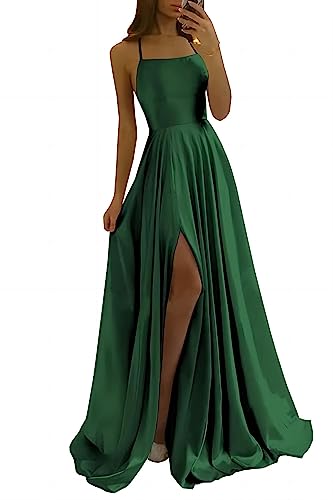 xxxiticat Damen Elegant Lange Ballkleider Satin A-Linie Hochzeitskleid Abendkleider Sexy Neckholder Spaghetti Brautkleid Kleider Lang Prinzessin Brautjungfer Kleid(DN,S)