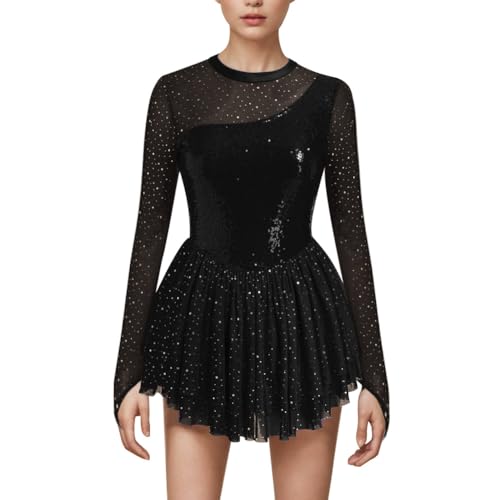FYMNSI Damen Eiskunstlauf Kleid Glitzer Pailletten Langarm Ballettkleid Ballettkleidung Gymnastik Leotard Turnanzug Tanzkost�m Eiskunstlaufkleid Eislaufen Skating Kleider Gymnastikanzug Schwarz XL
