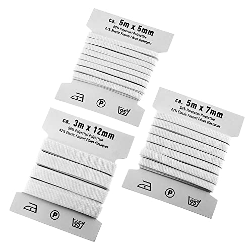 Gummilitze, Gummizug, Gummiband - 5m x 5mm + 5m x 7mm + 3m x 12mm - weiß - elastisch & kochfest