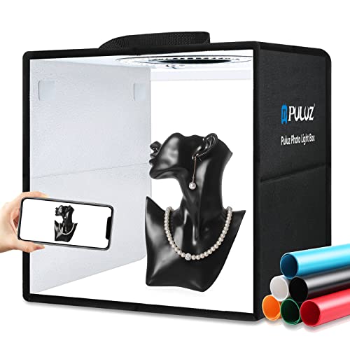 PULUZ Fotobox für Produktfotos 30x30x30cm, Dimmbares Faltbare Fotostudio Box Kit mit CRI≥97 Weiße Beleuchtung 112 LEDs Lichter + 8 Fotohintergründe