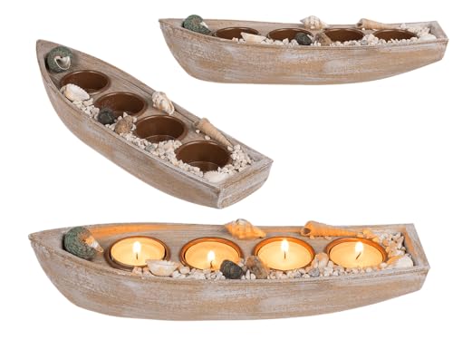 Holz-Boot für 4 Teelichte, mit Muscheldeko & Steinen, ca. 28,5 x 7,5 x 6 cm, Beige