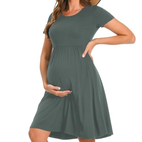Bearsland Women’s Short Sleeve Maternity Dresses Patchwork Pregnancy Dress with Pocket, Hunter Green, M