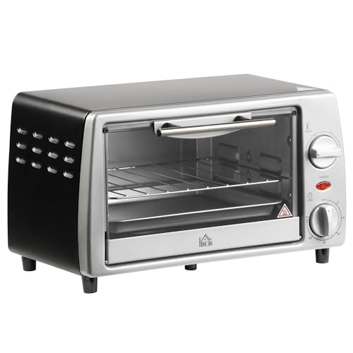 HOMCOM Mini Backofen 10 Liter 750W Kleiner Elektrobackofen mit Temperatur bis zu 230 ℃ Timer 60 Minuten Backblech und Rost 36,5x26x22 cm Silber