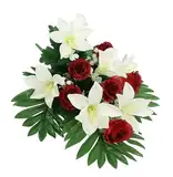 Bouquet mit künstlichen Lilien und Rosen Kunstblume Aufleger Arrangement Strauß Blume Tischdeko Gesteck Deko Grabdeko Grableger Grabschmuck Friedhofsgesteck Friedhofsdeko Trauerdeko