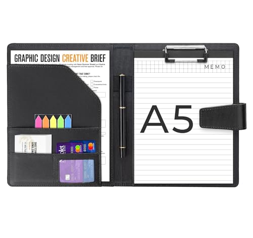 Agoer Schreibmappe A5 Klemmbrettmappe, Leder Konferenzmappe DIN-A5 mit Magnetverschluss, Schreibbrett Klemmbrett inklusive A5 Notizblock und Stift - Schwarz