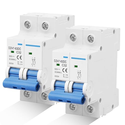 HOSPAOP 2 Stück DC Trennschalter PV Anlage, 500V 32A 2 Polig Solar Leitungsschutzschalter, Sicherungsautomat Schutzschalter für Photovoltaik-Systeme, Schutzluftschalter 35mm DIN-Schienenmontage