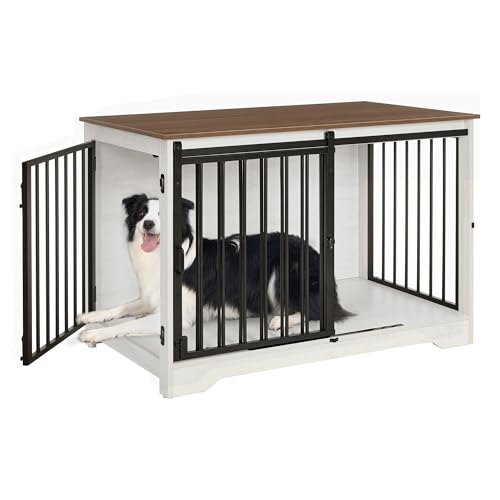 Hzuaneri Hundekäfig Möbel, 100 cm Hundebox, 2 Türen, Moderne Hundekäfig Indoor für kleine/mittlere/große Hunde, Beistelltisch, Hundekäfig für Zuhause, 60 x 100 x 68 cm, Weiß Braun DFC02314B