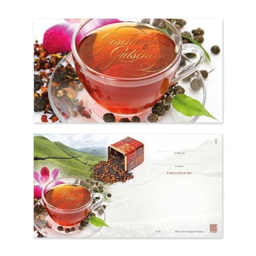 GESCHENKGUTSCHEINcom by POS-HAUER. 25 Gutscheine, blanko zum selbst Ausfüllen. Für Tee Teehaus Teegeschäft Teehandel.