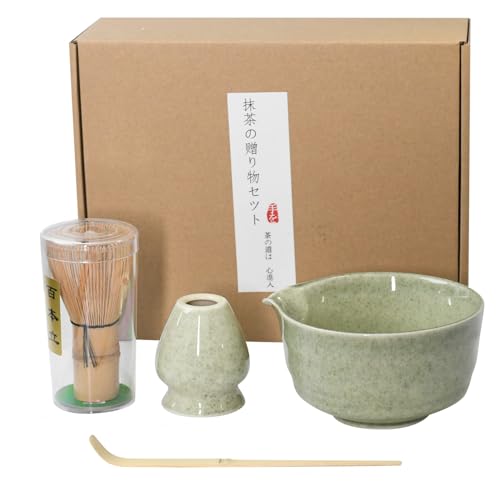 We Make Hope Matcha Whisk Set, 4 Stück Matcha-Schale mit Ausgießer und Schneebesen, Matcha-Schaufel, Matcha-Schneebesen-Ständer (Chasen-Halter) - 4er-Set für die Matcha-Teezeremonie, klassisches Grün