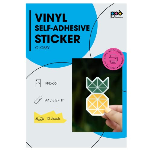 PPD 10xA4 Inkjet PREMIUM Vinyl Aufkleberfolie Bedruckbar, Weiß, Glänzend, Selbstklebend PPD-36-10