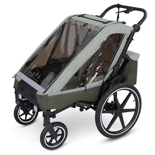 ABC Design Fahrradanhänger Tour Olive – Faltbarer 3in1 Kinderanhänger für Zwei Kinder mit Komfortsitzen, Luftreifen & Federung